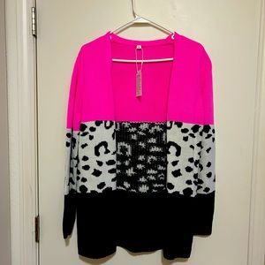Cardigan- Bright Pink, black and animal print.